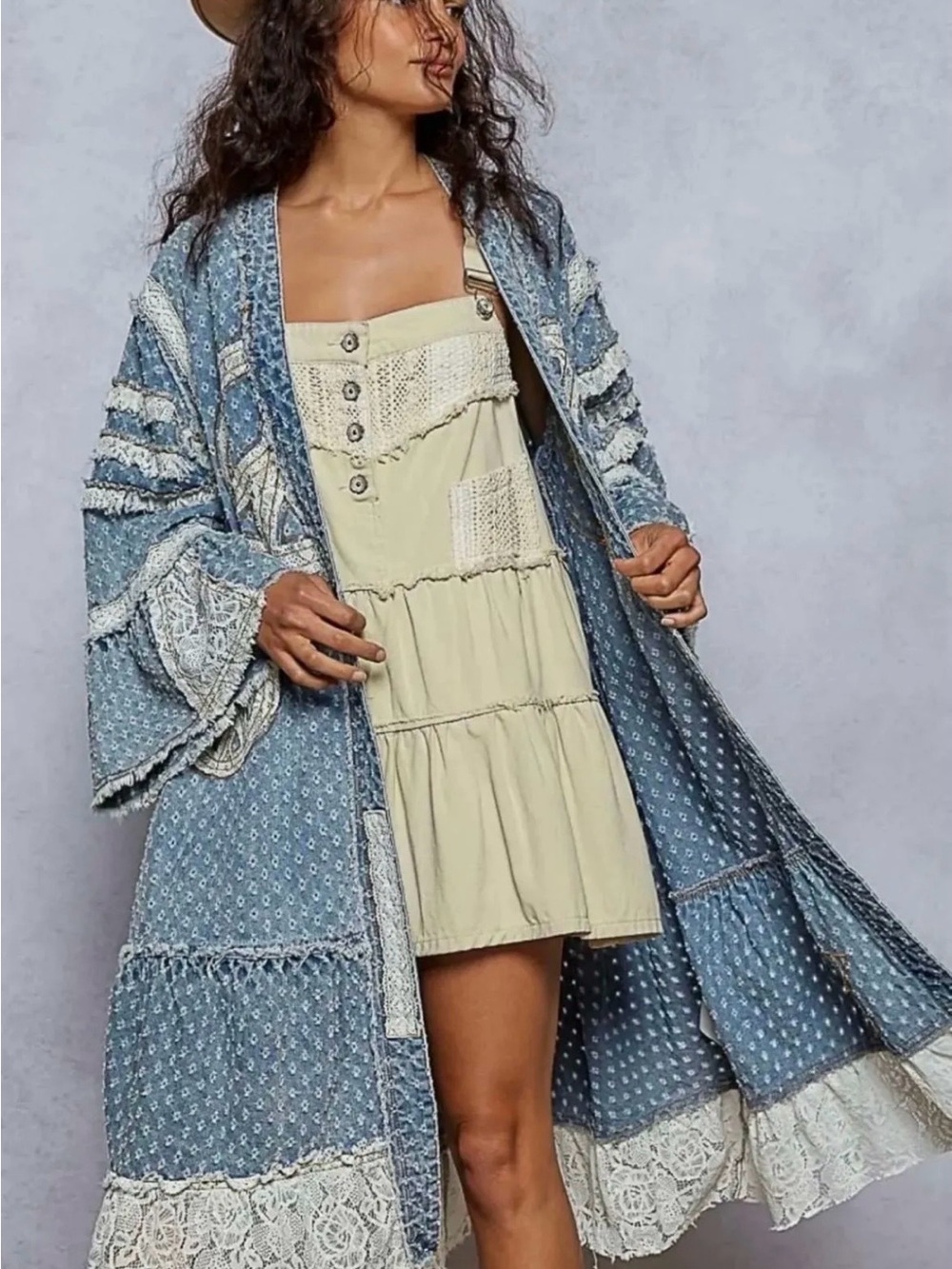 POL Blue Denim-Print Lace-Trim Kimono Coverup